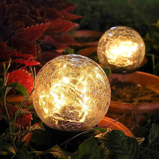 Solar Ball Lights 20LED Cracked Glass Globe Solar Power Ground Lights Outdoor Waterproof for Path Yard Patio Lawn Garden Decor Warm White (2 Pack 4 Inch)