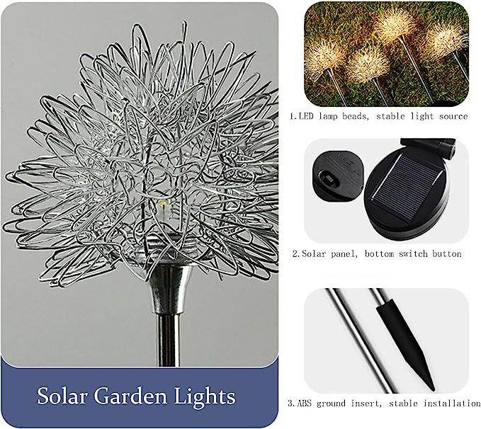 Solar Garden Lights Aluminium Wire Ball Light for Patio Walkway Pathway Party Wedding Decorative Warm White (2 Pack 29.5"H)