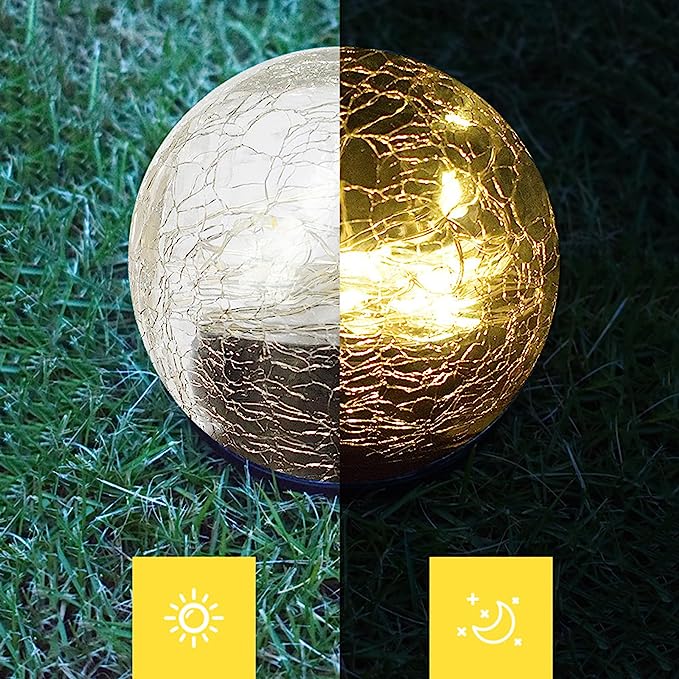 Solar Ball Lights 20LED Cracked Glass Globe Solar Power Ground Lights Outdoor Waterproof for Path Yard Patio Lawn Garden Decor Warm White (2 Pack 4 Inch)