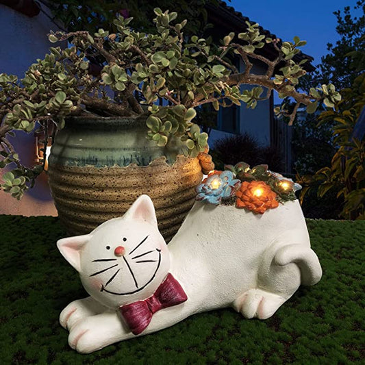 Cat Statue Garden Outdoor Decor with Solar Light Succulent (White)
